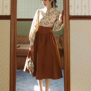 Set: Floral Print Shirt + A-line Midi Skirt