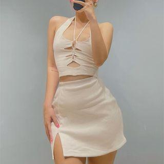 Set: Drawstring Cropped Halter Top + Mini Pencil Skirt