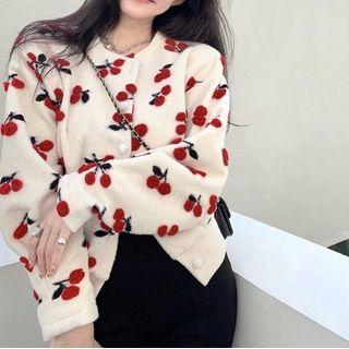 Cherry Print Knit Cardigan White - One Size