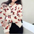 Cherry Print Knit Cardigan White - One Size