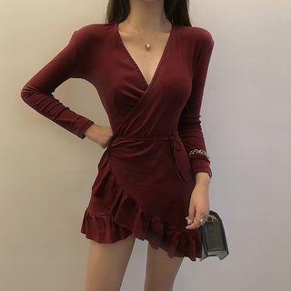 V-neck Long-sleeve Ruffle Hem Mini Sheath Dress