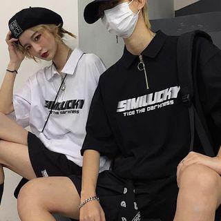 Letter Print Short-sleeve Polo Shirt