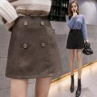High-waist Button Accent Woolen A-line Skirt