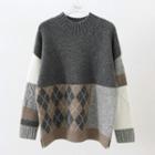 Long-sleeve Color Block Sweater Gray - One Size
