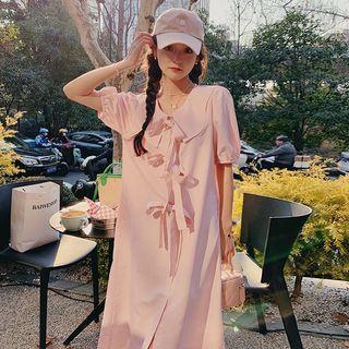 Short-sleeve Collar Bow Accent Midi Smock Dress