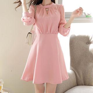 Chiffon-sleeve Faux-pearl Detail Flare Dress