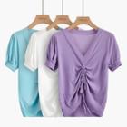 Drawstring Ruched Short-sleeve Cropped Knit Top