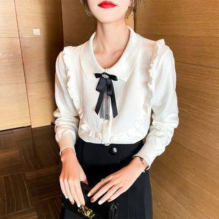 Bow-neck Ruffle Trim Knit Top