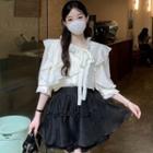 Elbow-sleeve Ruffle Trim Tie-strap Blouse / Ruffle Hem Mini A-line Skirt
