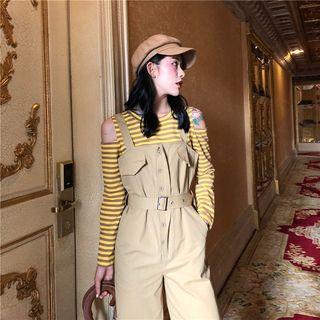 Striped Off-shoulder Long-sleeve Top / Plain Jumper Pants