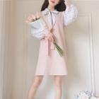 Mock Two-piece Long-sleeve Dotted Panel A-line Dress