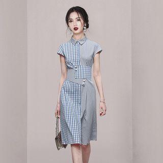 Short-sleeve Patterned Midi Sheath Shirtdress
