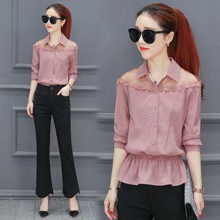 Long-sleeve Lace-panel Striped Shirt