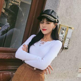 Lace-up Rib-knit Top