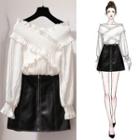 Set: Long-sleeve Frill-trim Top + A-line Mini Skirt