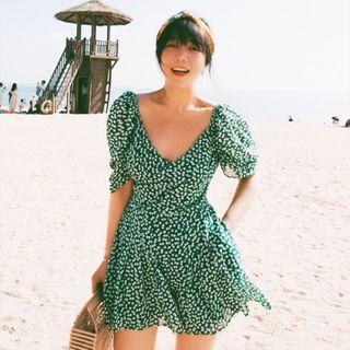 Long-sleeve Dotted Chiffon Mini A-line Dress