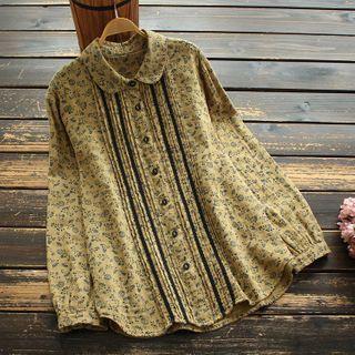 Long-sleeve Floral Pintuck Blouse Yellow - One Size