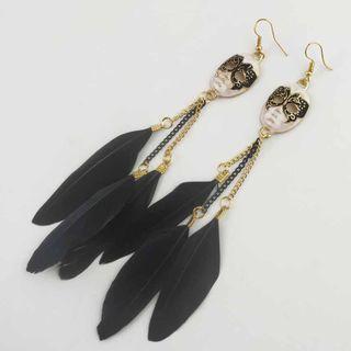 Feather Drop Ear Stud 1 Pair - Black & Gold - One Size