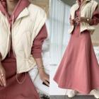 High-neck Drawstring-waist Quilted Vest Cream - One Size