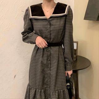 Puff-sleeve Plaid Midi A-line Dress Plaid - Gray & Brown - One Size