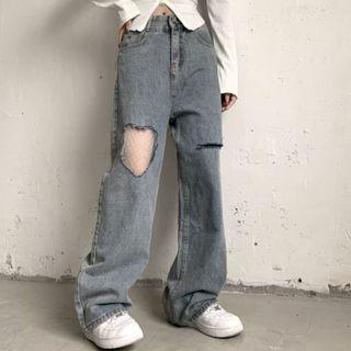 High Waist Lace Panel Straight Leg Jeans