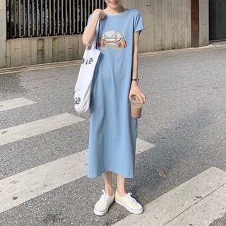 Printed Short-sleeve Midi Split T-shirt Dress