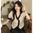 Puff-sleeve Two-tone Dotted Blouse / Midi A-line Skirt