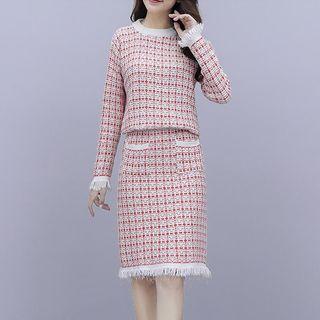 Set: Plaid Fringed Trim Sweater + Straight-fit Skirt