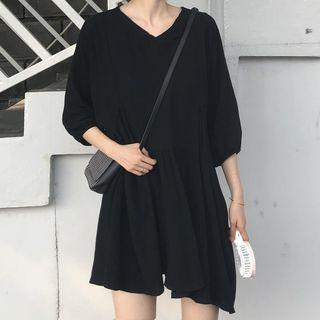 V-neck Asymmetric Hem Elbow-sleeve Dress Black - One Size