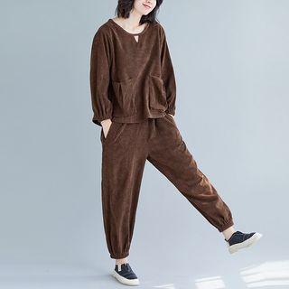 Set: Corduroy Long-sleeve Top + Harem Pants