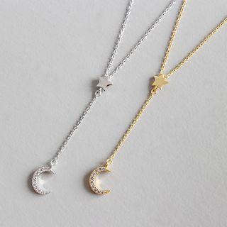 925 Sterling Silver Moon & Star Pendant Y Necklace