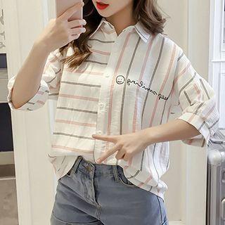 Elbow-sleeve Lettering Striped Shirt