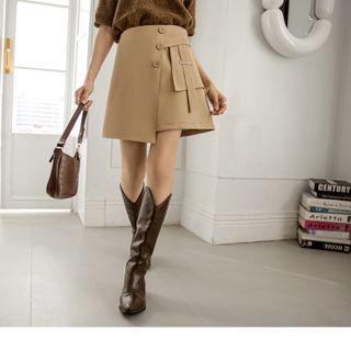 High Waist Button-up Asymmetrical Mini A-line Skirt