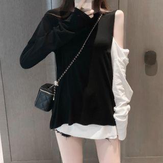 Long-sleeve Two-tone Cut-out T-shirt Black & White - One Size