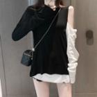 Long-sleeve Two-tone Cut-out T-shirt Black & White - One Size