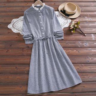 Long-sleeve Houndstooth Eyelet Lace A-line Dress