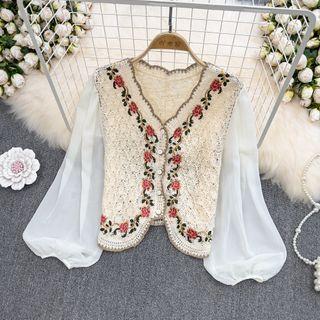 Chiffon Sleeve Crochet Knit Cardigan