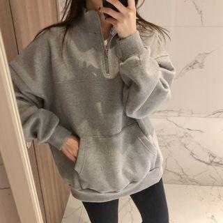 Mock-neck Zip Placket Sweatshirt Gray - One Size