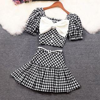 Set: Short-sleeve Bow Gingham Check Crop Top + Mini A-line Skirt