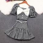Set: Short-sleeve Bow Gingham Check Crop Top + Mini A-line Skirt