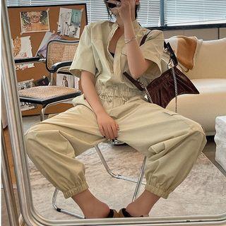Short-sleeve Drawstring Shirt Jumpsuit