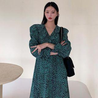 Puff-sleeve Ruffle Collared Leopard Printed Loose Fit Dress As Shown In Figure - One Size