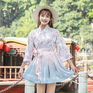 Floral Print 3/4-sleeve Top / Pleated Mini Skirt / Set: Floral Print 3/4-sleeve Top + Pleated Mini Skirt
