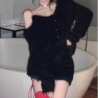 Cold-shoulder Cropped Fluffy Cardigan / Mini Pencil Skirt