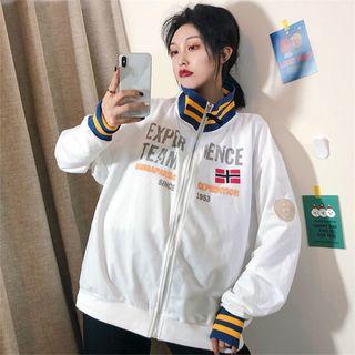 Letter Print Color-block Zip Jacket