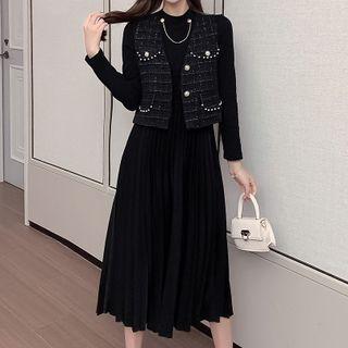 Set: Long-sleeve Pleated Midi A-line Dress + Button-up Vest