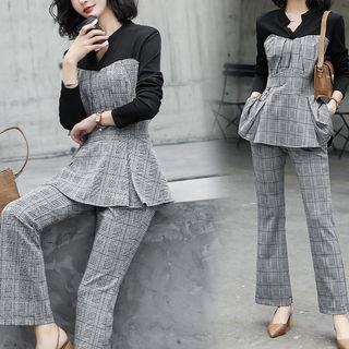 Set: Plaid Panel Top + Boot-cut Pants