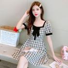 Short-sleeve Bow-accent Check A-line Dress