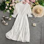 Elbow-sleeve Eyelet Lace Midi Dress As Shown In Figure - One Size