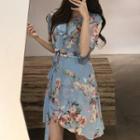 Ruffle Front V-neck Chiffon Dress Blue - One Size